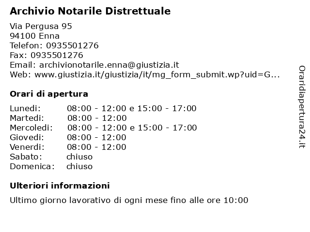 Orari di apertura Archivio Notarile Distrettuale Via Pergusa